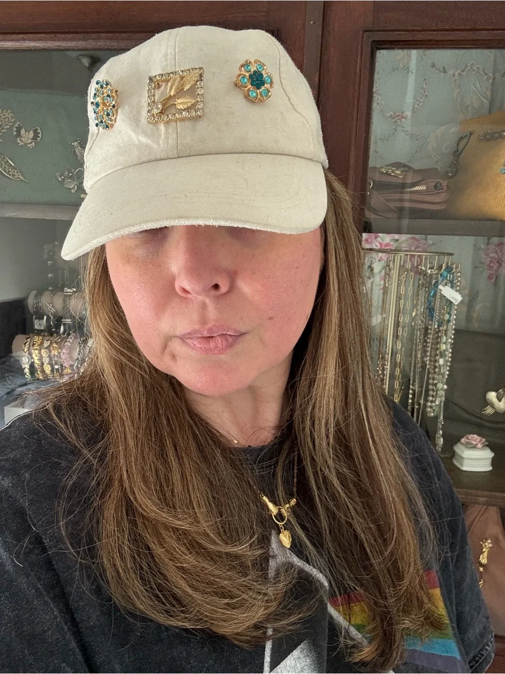 Embellished Cream Baseball Cap with Gold Accents